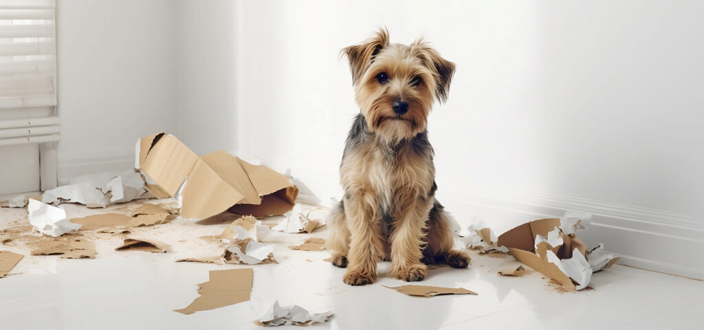 dog sitting amid scraps of destroyed cardboard box
